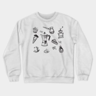 All sorts of things for coffee. Coffee maker, cakes, cup, coffee grinder. Crewneck Sweatshirt